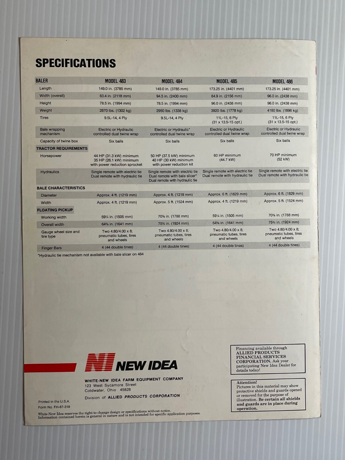 New Idea Round Baler Sales Brochure (Original Sales Brochure) *1980s*