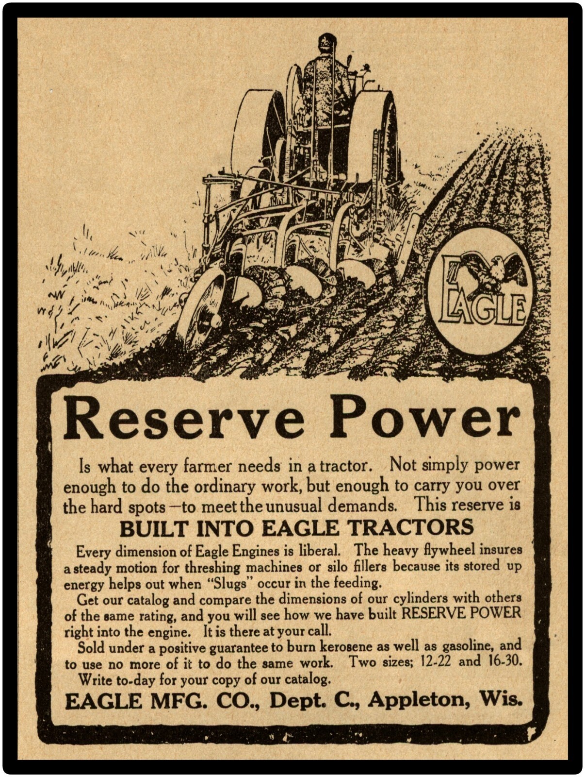 Vintage Look Eagle Tractor New Metal Sign: w/ Reserve Power, Appleton, Wisconsin