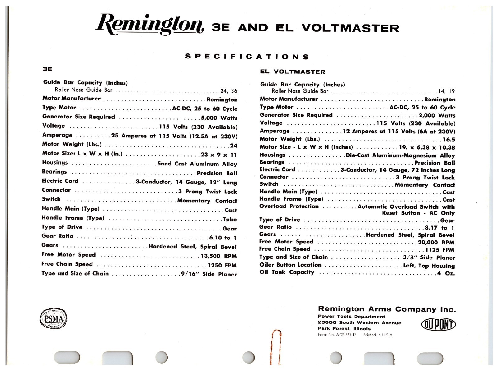 Original Remington Electric Chainsaws Sales Sheet (Model – 3E & EL) Info Sheet