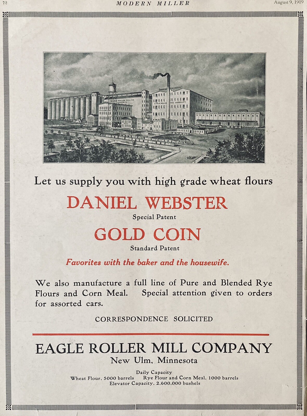 1919 AD.(XH31)~EAGLE ROLLER MILL CO. NEW ULM, MINN. DANIEL WEBSTER, GOLD FLOUR
