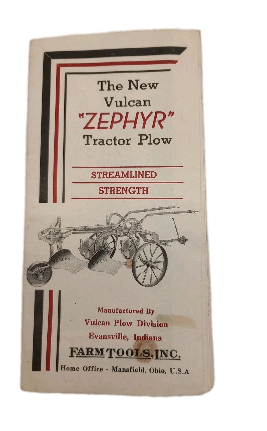 Vtg 1939 Vulcan Zephyr Tractor Plow Fold Out Color Poster Brochure Mansfield Oh