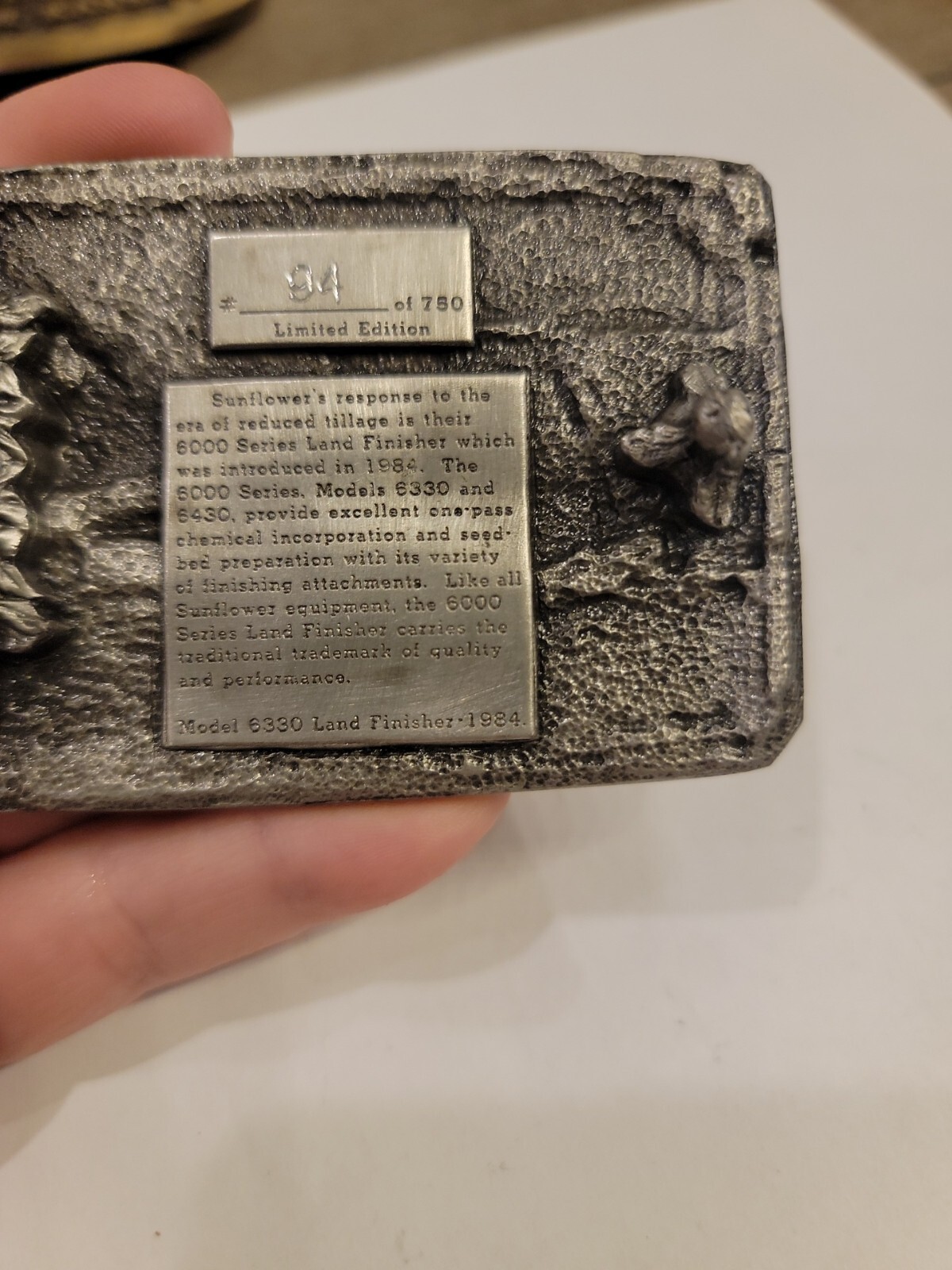 Sunflower Tillage 6330 Land Finisher Pewter Belt Buckle 1984 Limited Edition 94