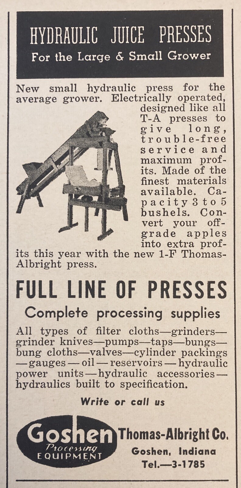 1959 AD.(XF21)~THOMAS-ALBRIGHT CO. GOSHEN, IND. HYDRAULIC JUICE PRESSES