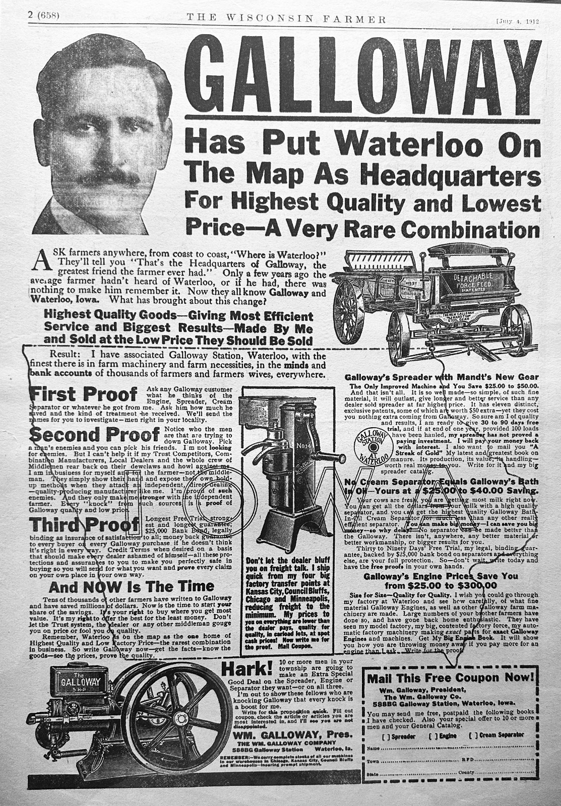 1912 Galloway Farm Equipment Catalog – Waterloo, IA On The Map Ad #1918