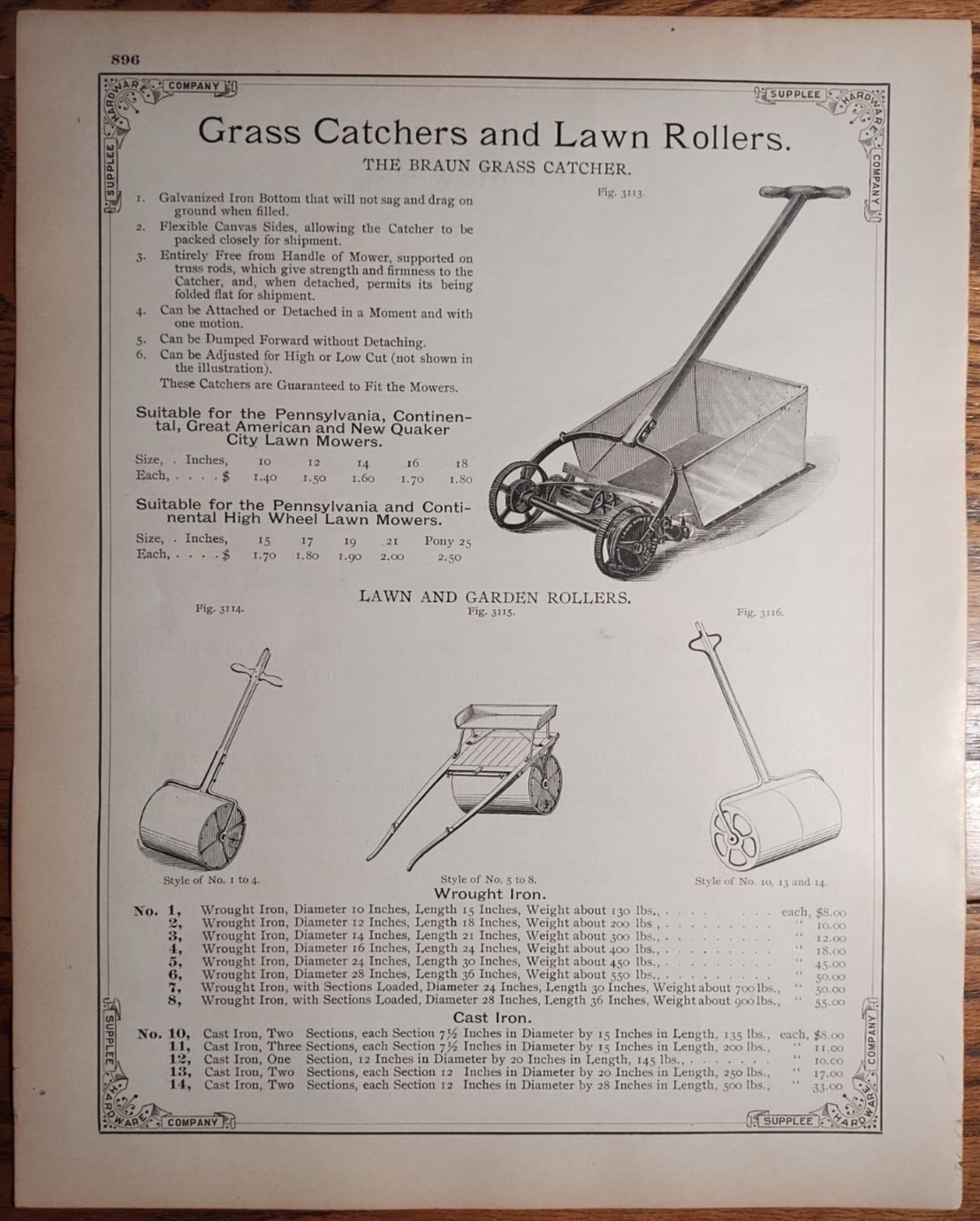 (4) 1893 Pennsylvania Reel Lawn Mowers Print Ads Catalog Pages Original AD-31