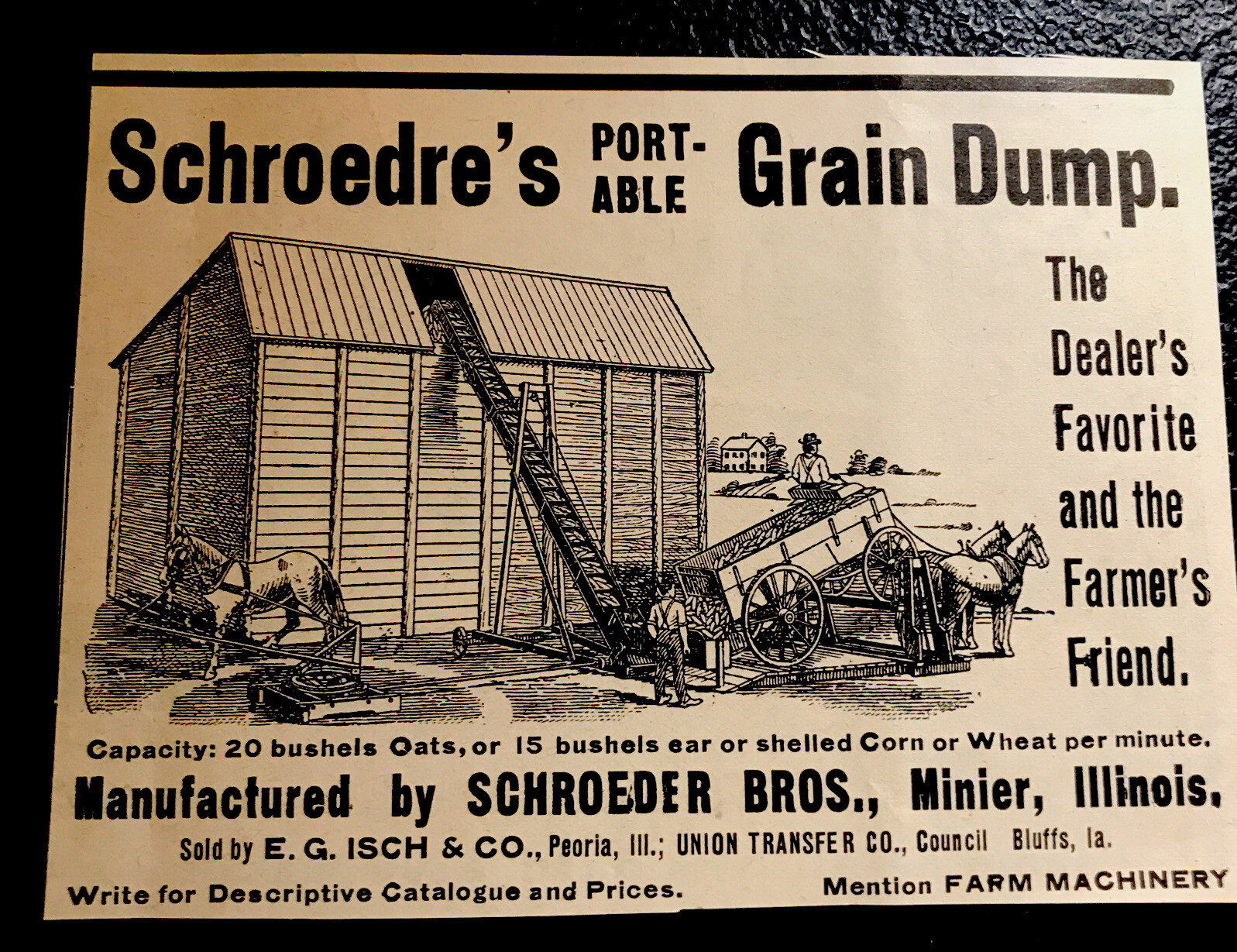 1907 Schroedre’s Grain Dump Farm Engraving Advertising – Minier – Illinois