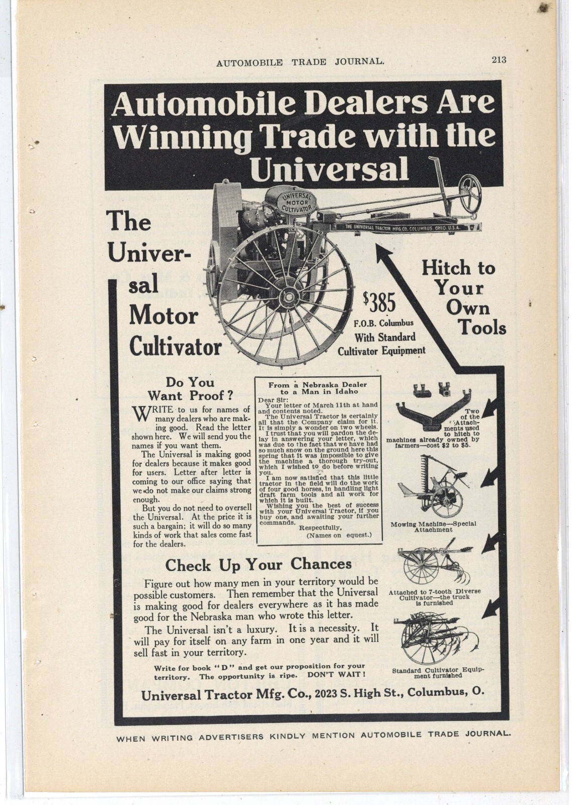 1915 Universal Tractor Mfg. Co. Ad: Motor Cultivator Pictured – Columbus, OhiO