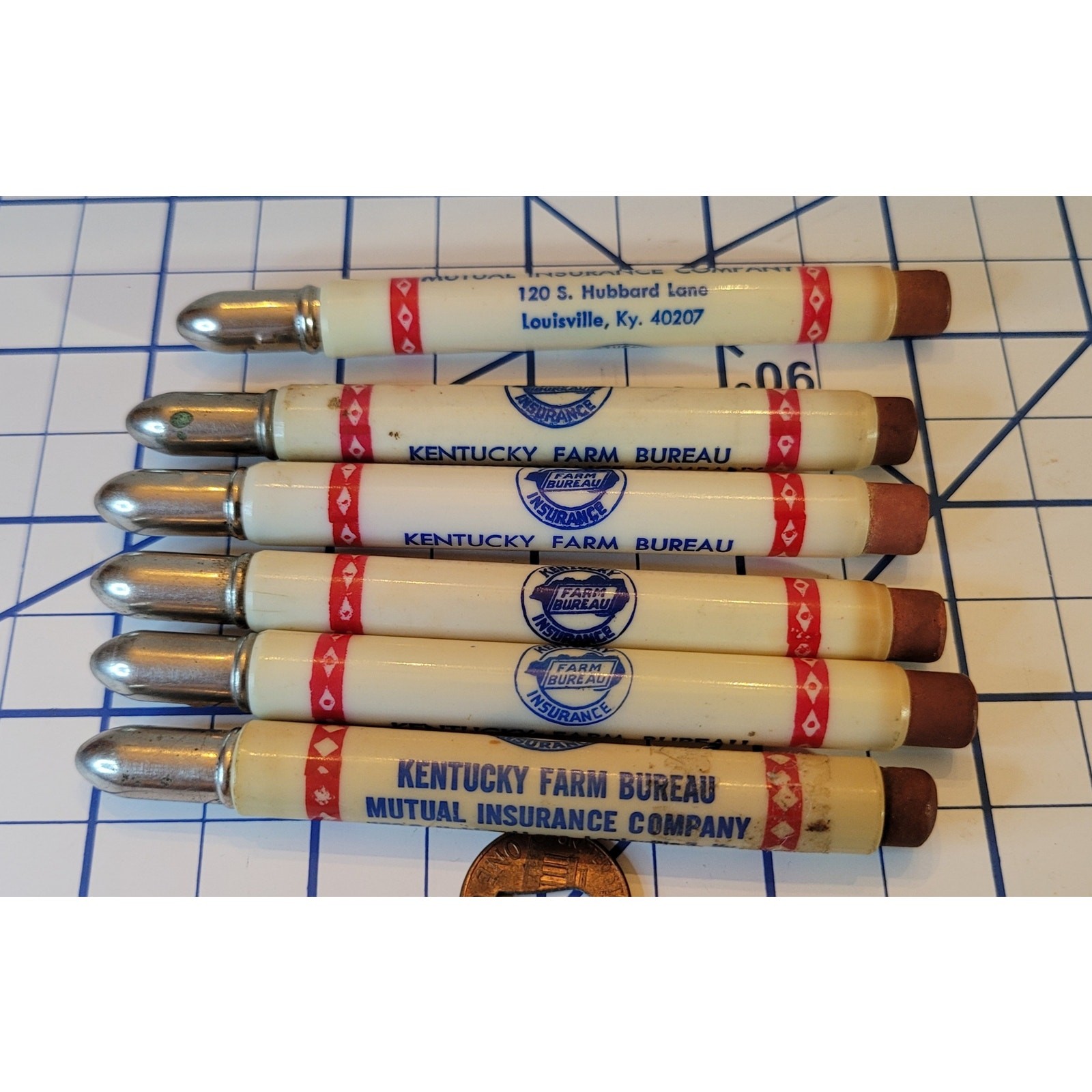 6 Vintage Advertising Bullet Pencils, Kentucky Farm Bureau Mutual Insurance Co