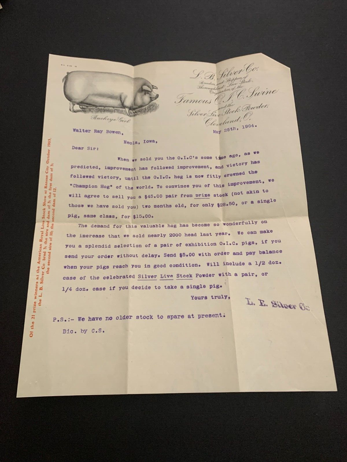 1904 L.B. Silver Famous O.I.C. Swine Letterhead Cleveland Ohio