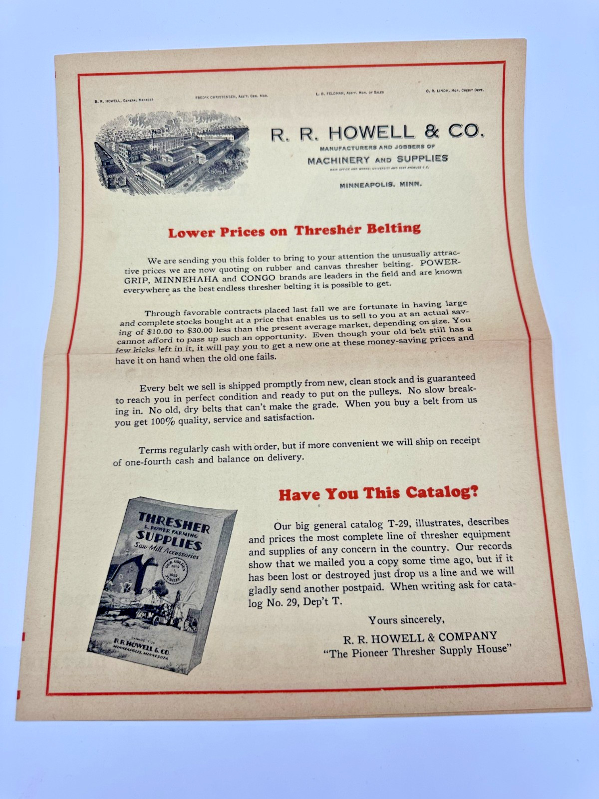 1930 Minneapolis RR Howell Thresher Supple Catalog Lot Letters mailer & more