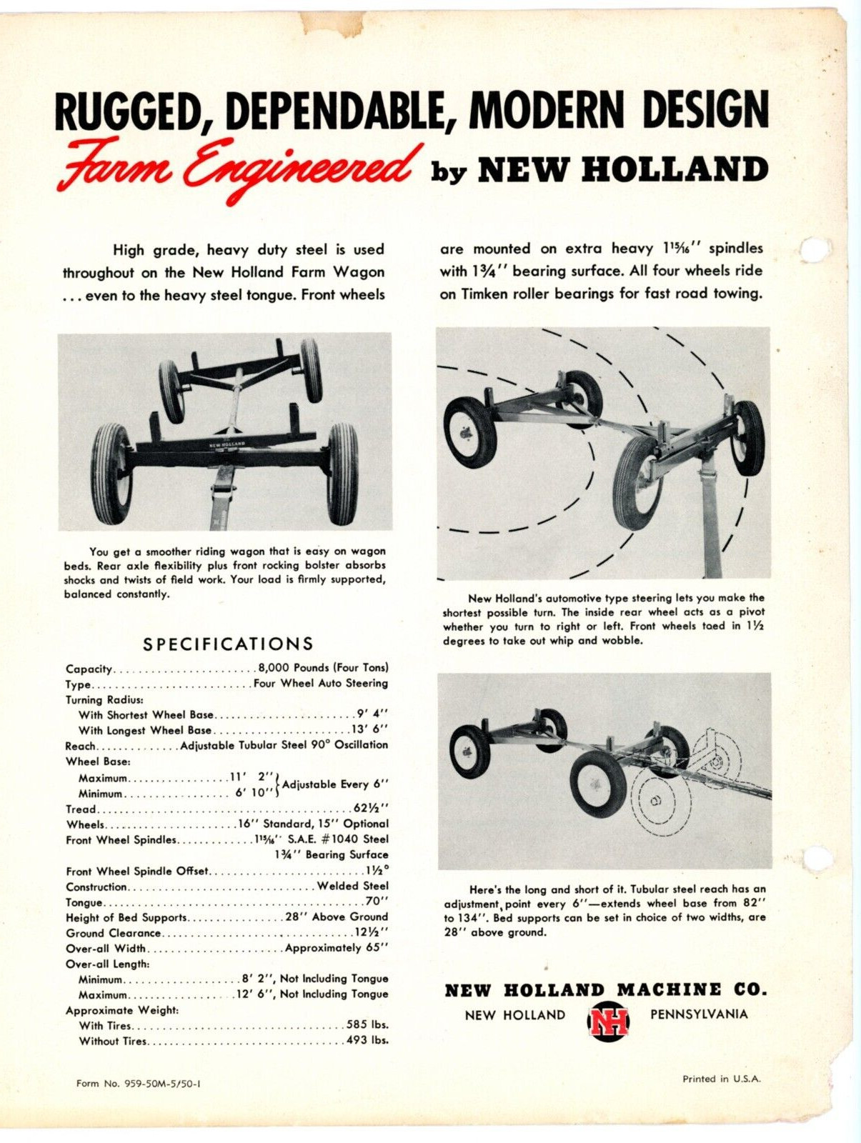 New Holland Farm Wagon c. 1950 2-page brochure New Holland Machine Company