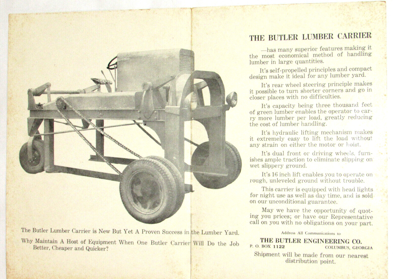 VINTAGE 1930s SELF-PROPELLED LUMBER CARRIER & WAGON POSTER/BROCHURE! COLUMBUS,GA