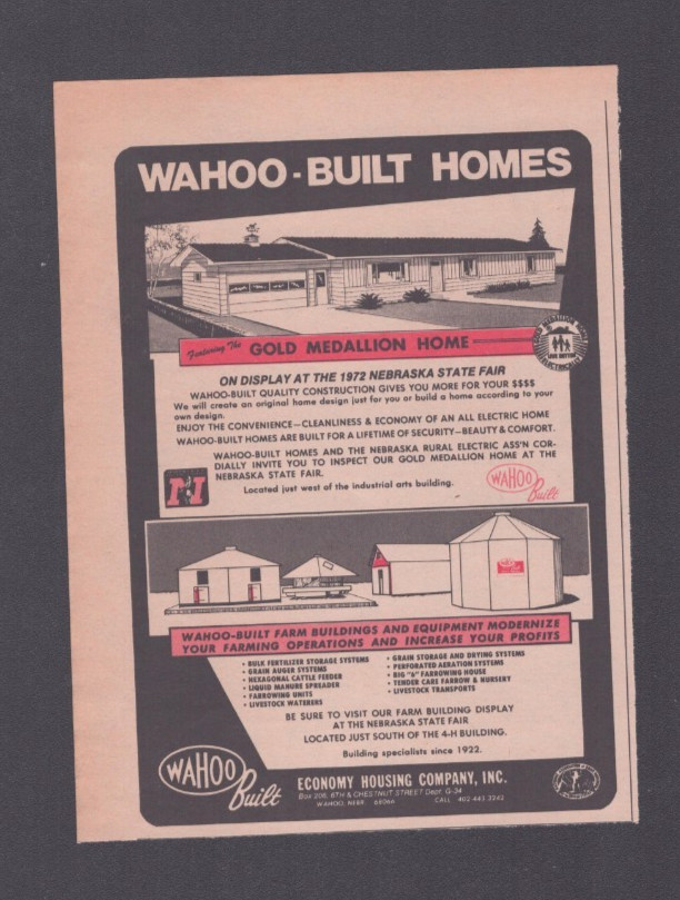 1972 Print Ad Wahoo Built Economy Housing Co Wahoo NE Gold Medallion Home