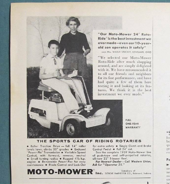 1959 Moto-Mower Lawn Tractor Ad Endorsed by Mrs. Wilbur Stuckey of Loveland OH