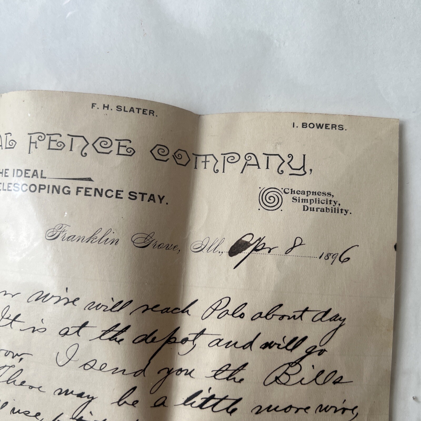 1896 Ideal Fence Company Franklin Grove, IL Letterhead Ephemera Farm Agriculture