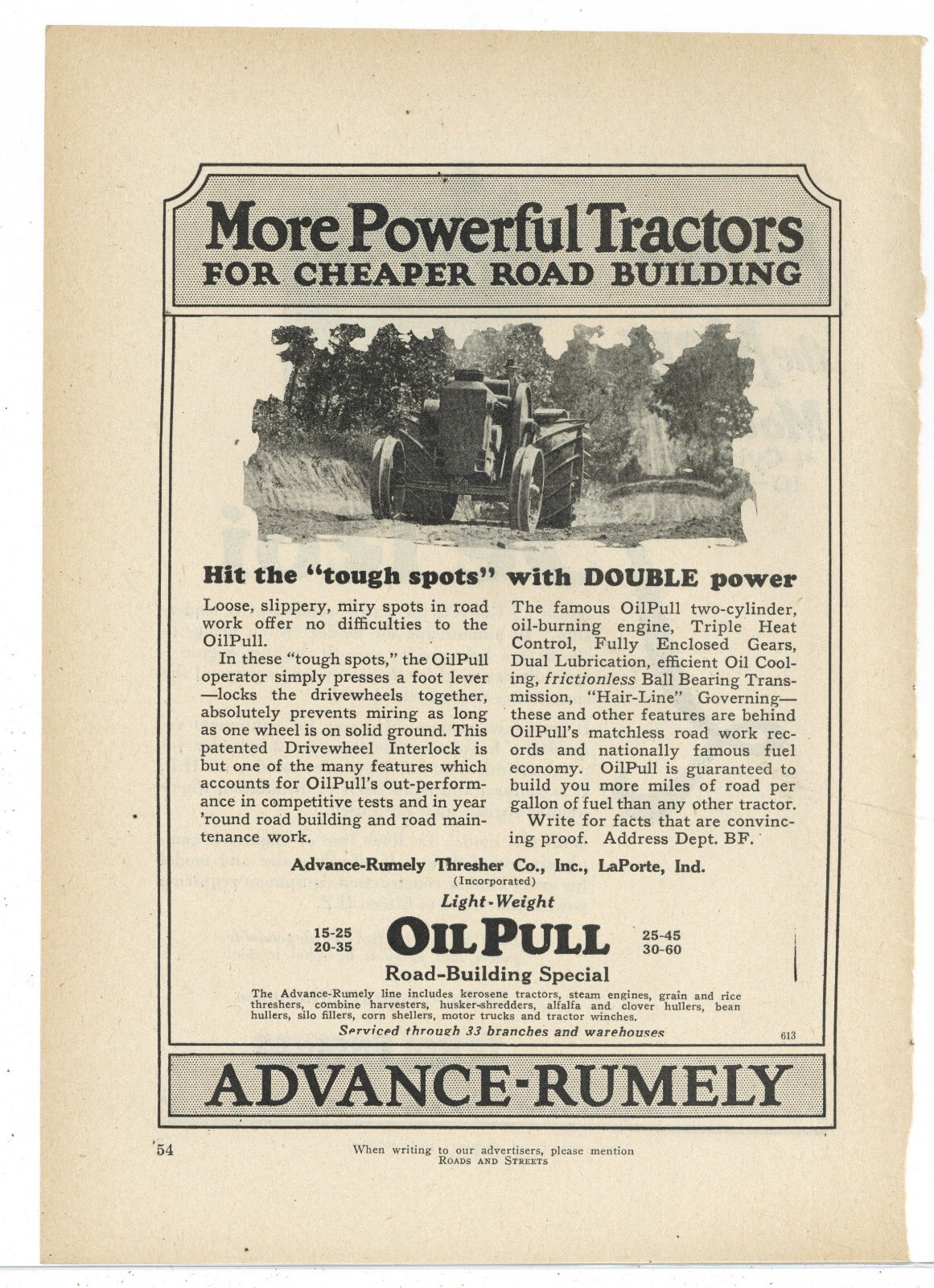 1926 Advance Rumely Thresher Co. Ad: Oil Pull Tractor for Road Work – LaPorte IN