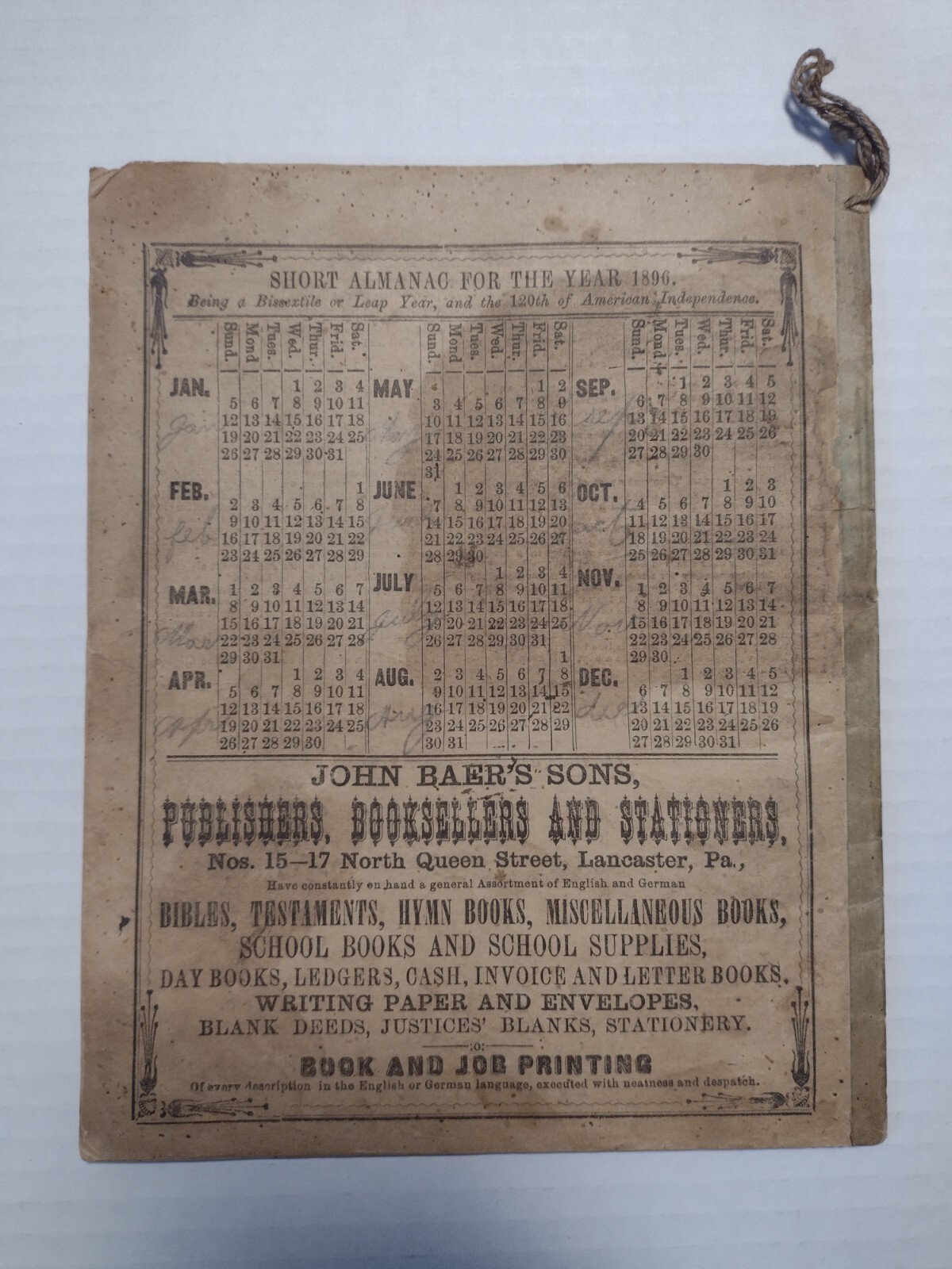 1896 John Baer&rsquo;s Sons Lancaster, PA Agricultural Almanac