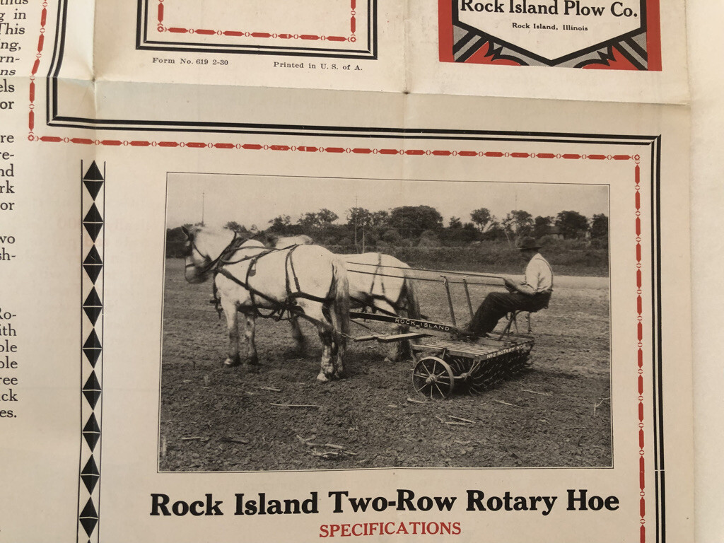 1930 ROCK ISLAND PLOWS Rotary Hoe FARM ADVERTISING Antique Brochure Poster