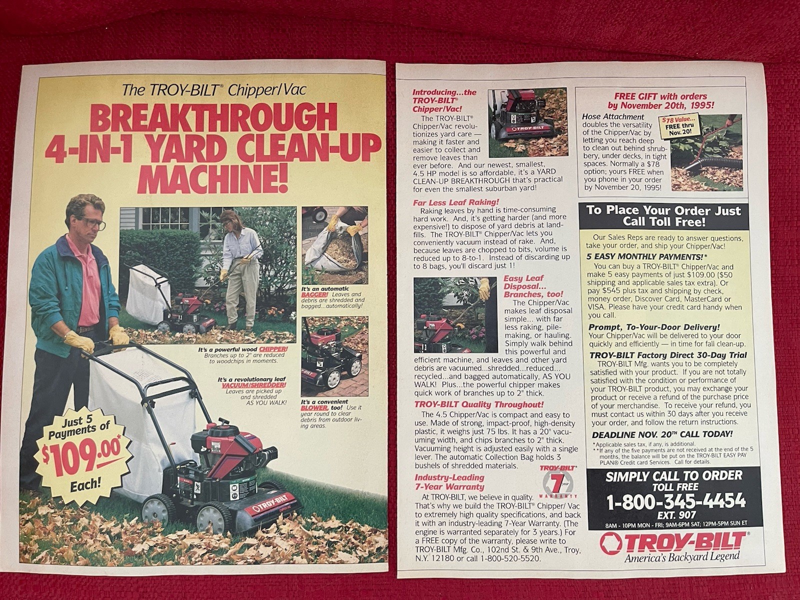 Vintage 1995 Troy Built Chipper Vac Print Ad Yard Clean Up Advertisement
