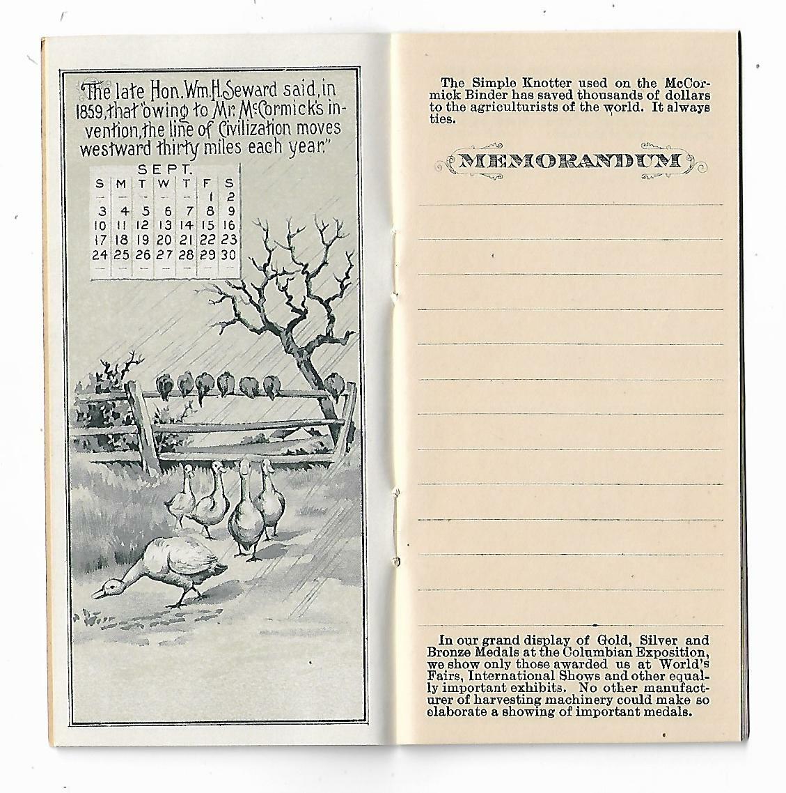 Old Calendar & Memo Book McCormick Harvesting Machine Co Chicago IL Factory View