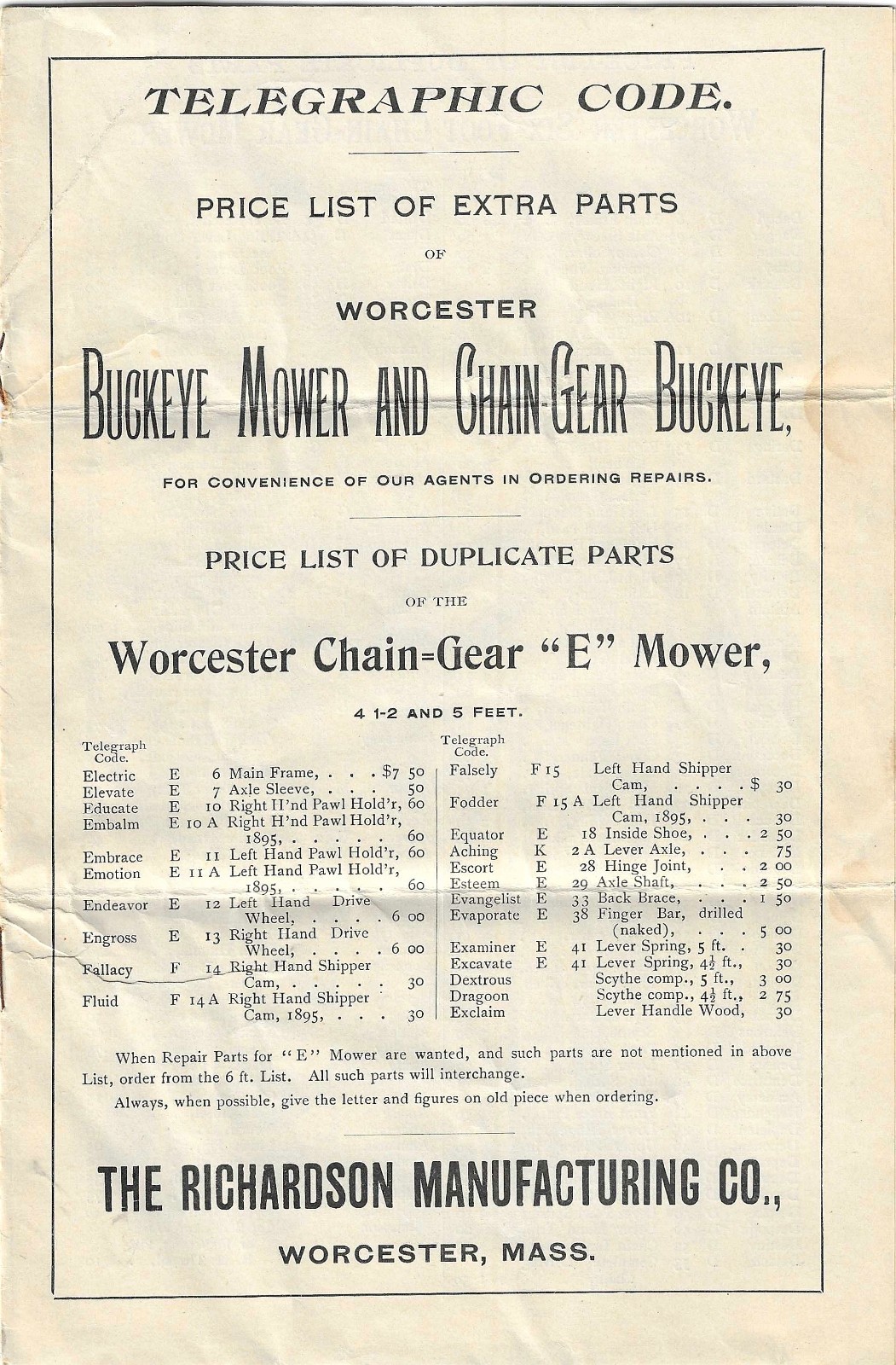 1890s Buckeye Mower & Chain Gear Price List Illustrated Farm Tool Worcester MA