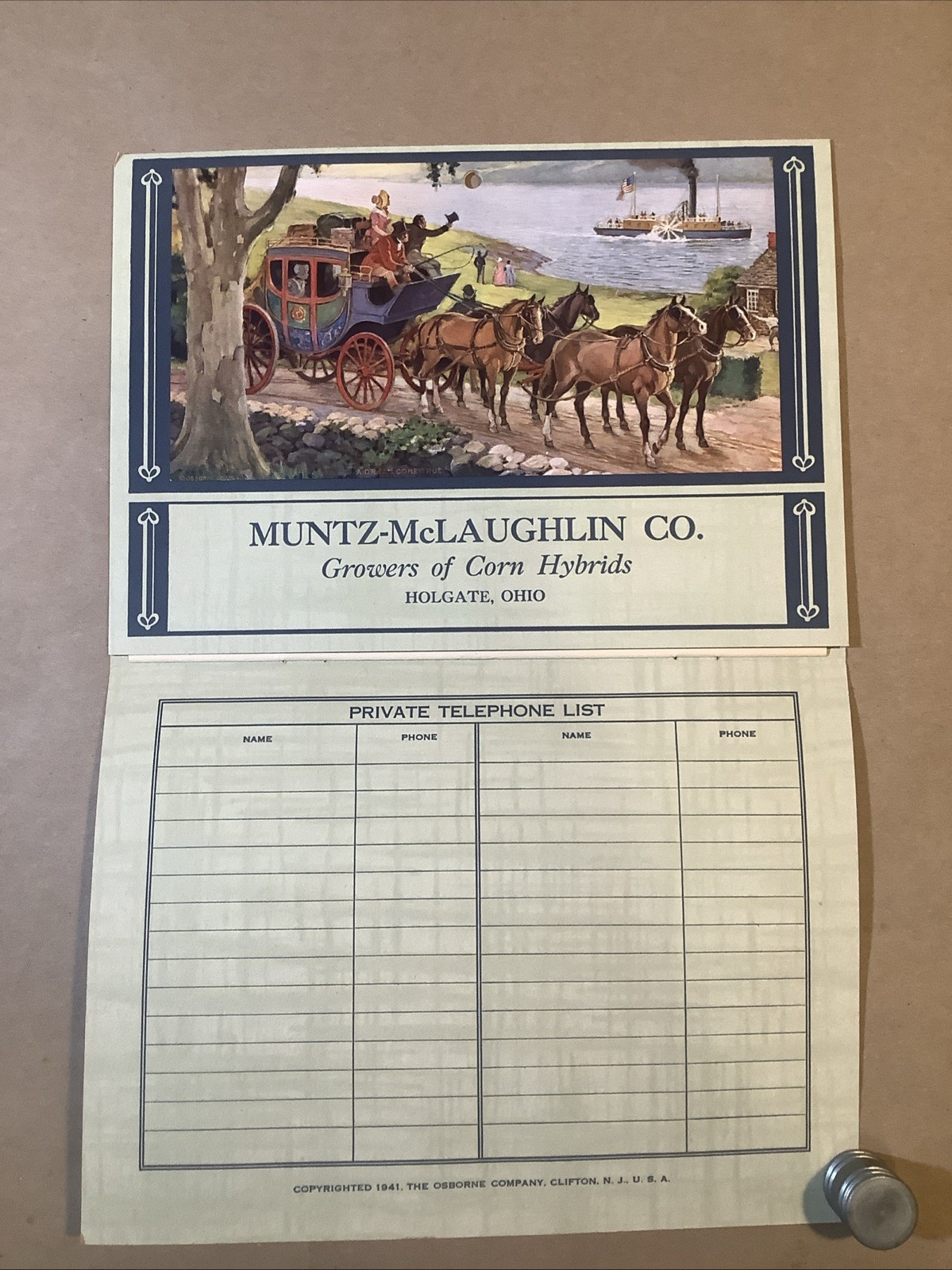 1942 Muntz-McLaughlin Co. Farm Inventory Telephone Chart Holgate OH INV-P0021