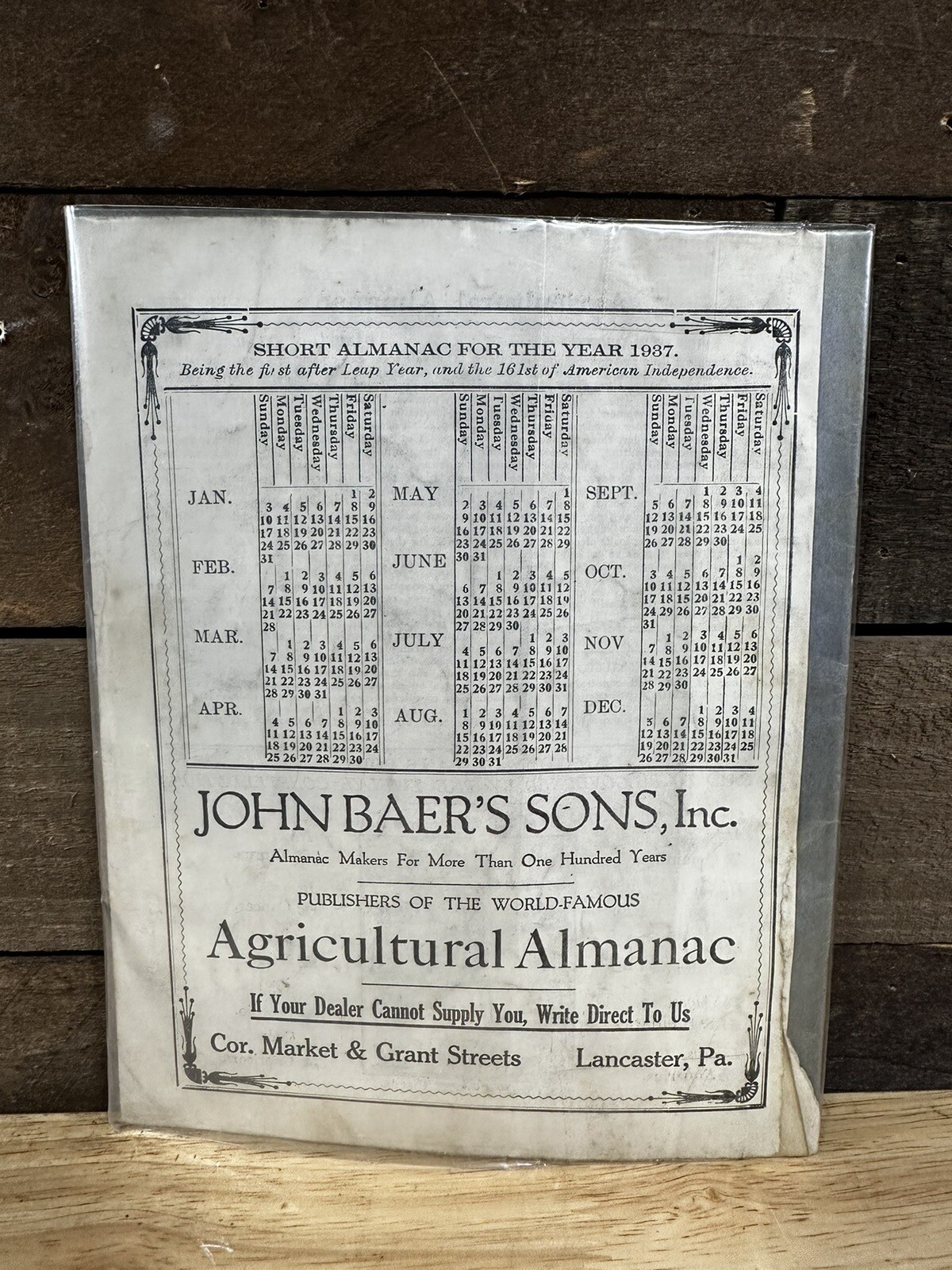 Vintage 1937 John Baer&rsquo;s Sons Lancaster PA Agricultural Almanac #1