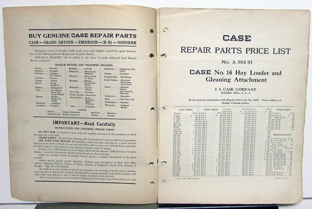 1936 Case 16 Hayloader & Gleaning Specs Construction Repair Part List Catalog