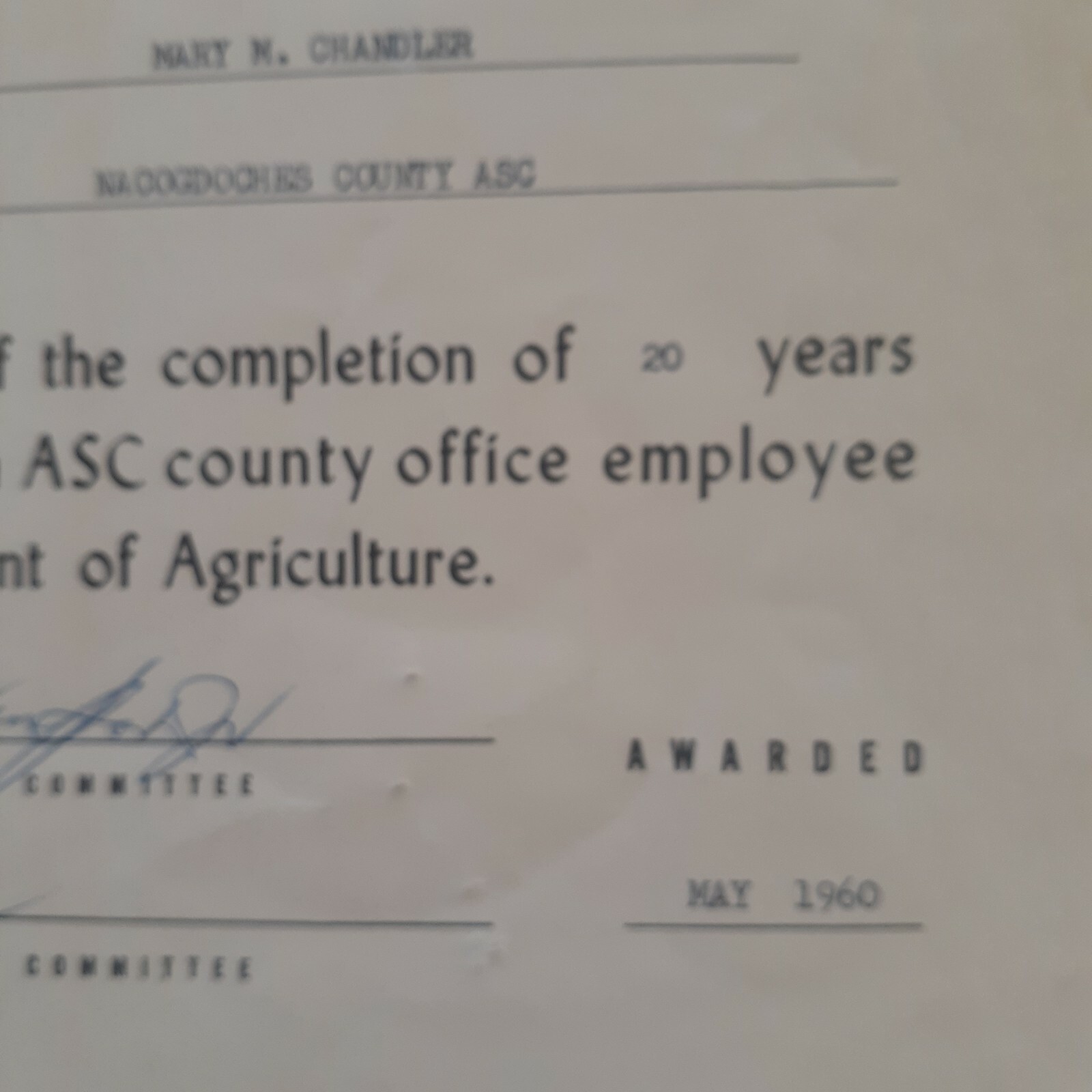 US Department Of Agriculture ASC 20 Year Pin & Certificate