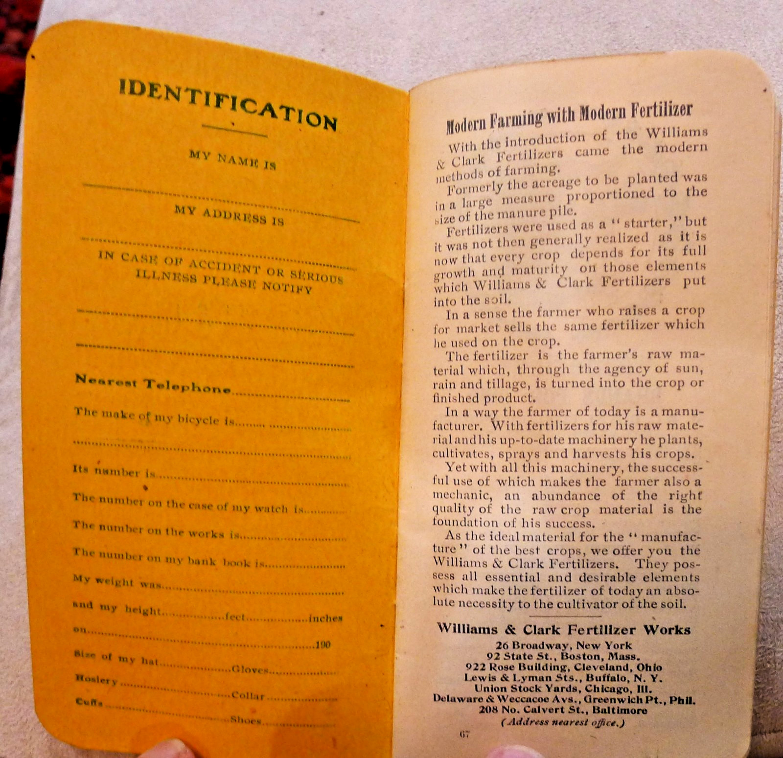 WILLIAMS & CLARK FERTILIZERS 1906 Advertising Memo Book Calendar Conneaut Ohio