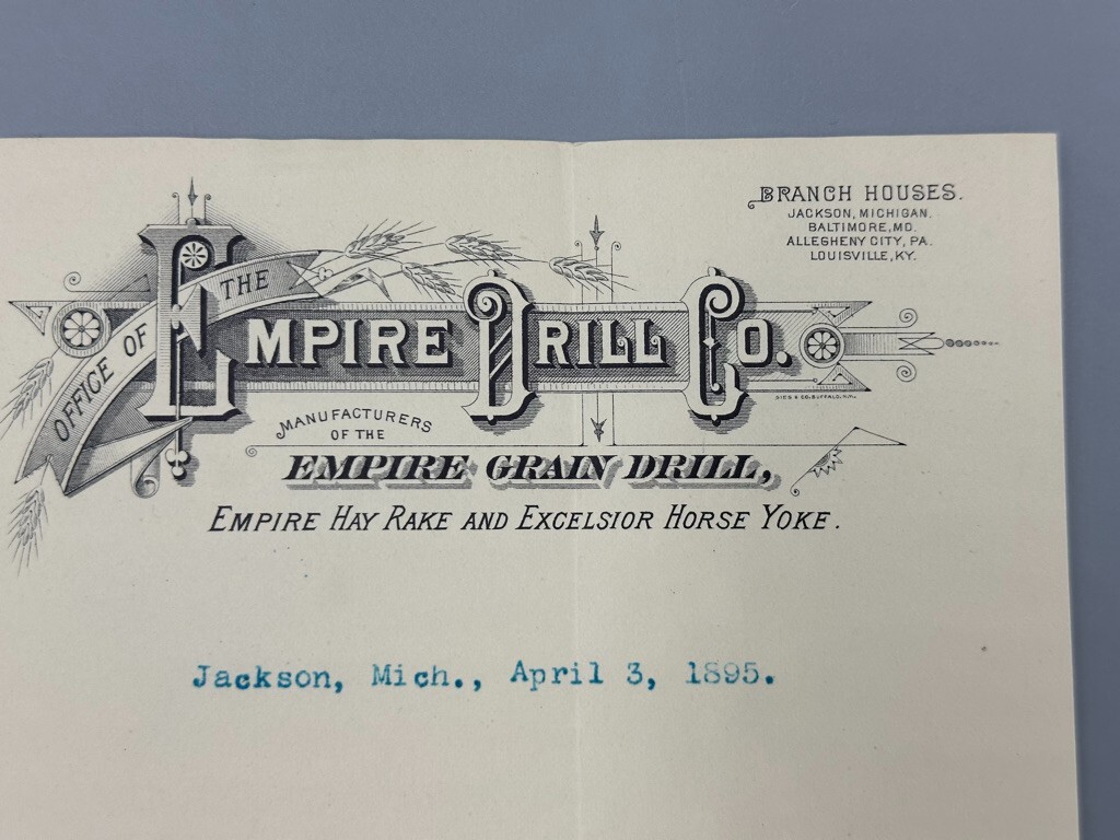 1895 EMPIRE GRAIN DRILL Farm Advertising Illustrated Letterhead Antique