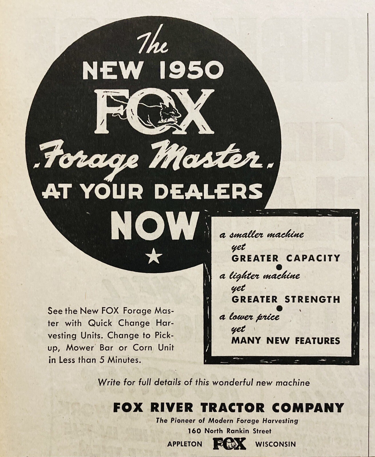 1950 AD.(XH74)~FOX RIVER TRACTOR CO. APPLETON, WIS. NEW FOX FORAGE MASTER