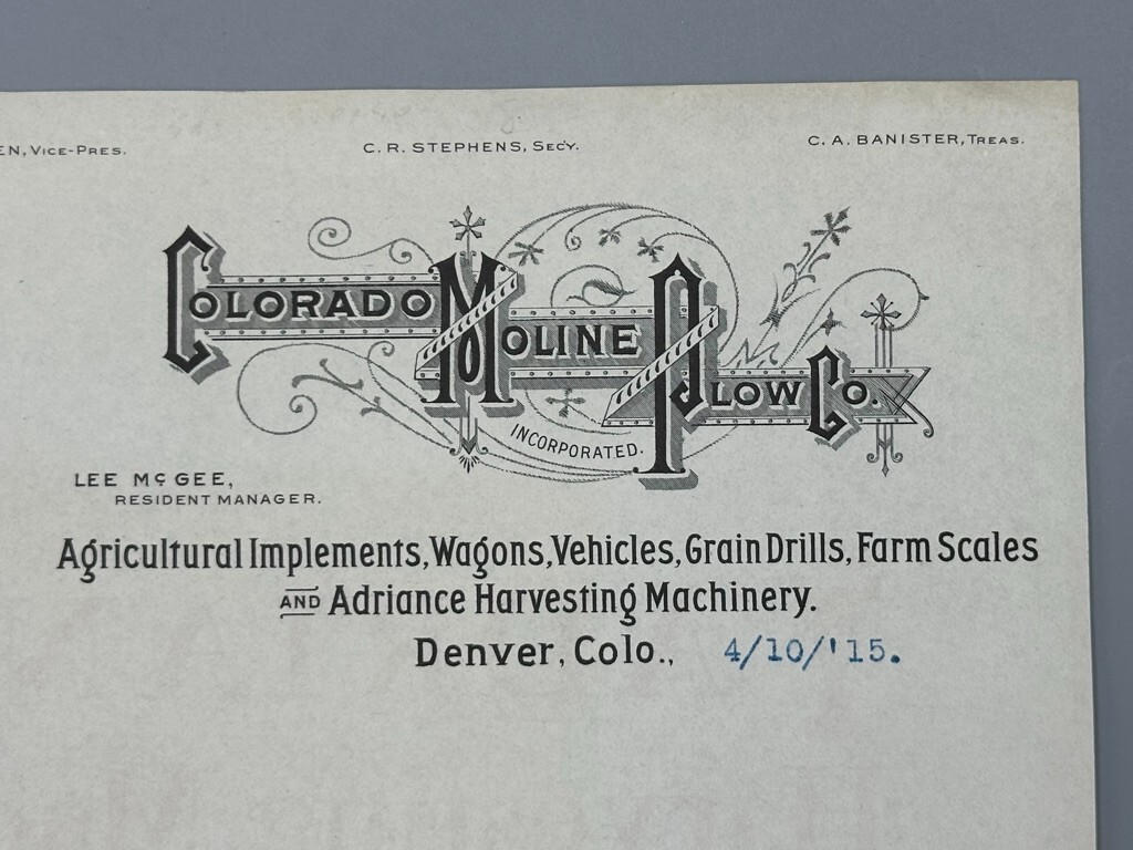 1915 COLORADO MOLINE PLOW Co FARM Advertising ADRIANCE HARVESTING MACHINE Letter