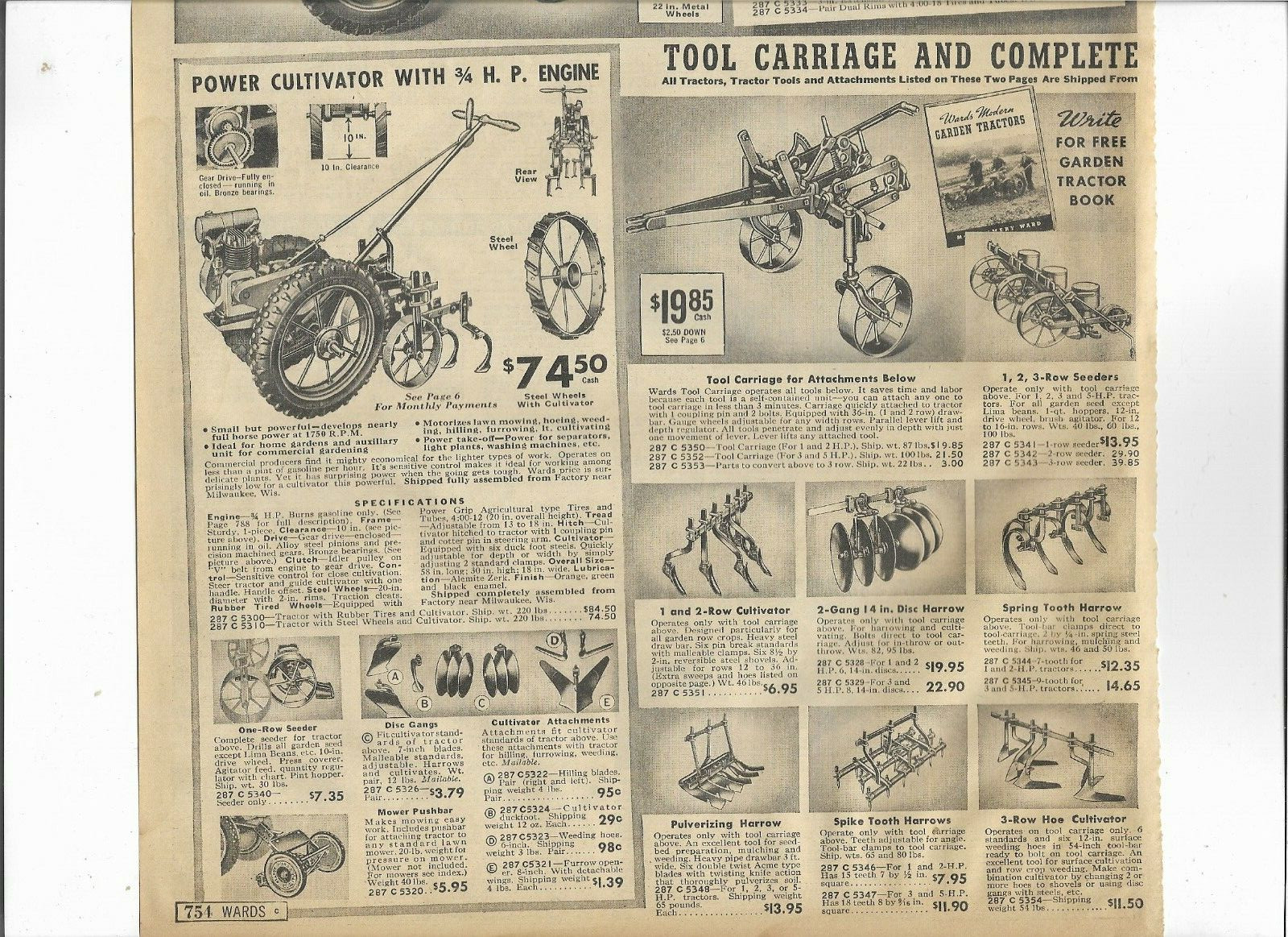 1938 Wards Catalog Ad Page Garden Tractor Cultivator Power Sprayer Tool Carriage