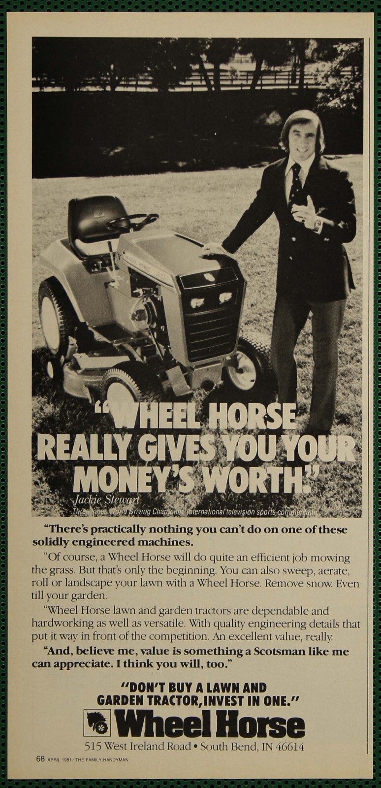 Wheel Horse Garden Tractor Lawn Mower Jackie Stewart Vintage Print Ad 1981