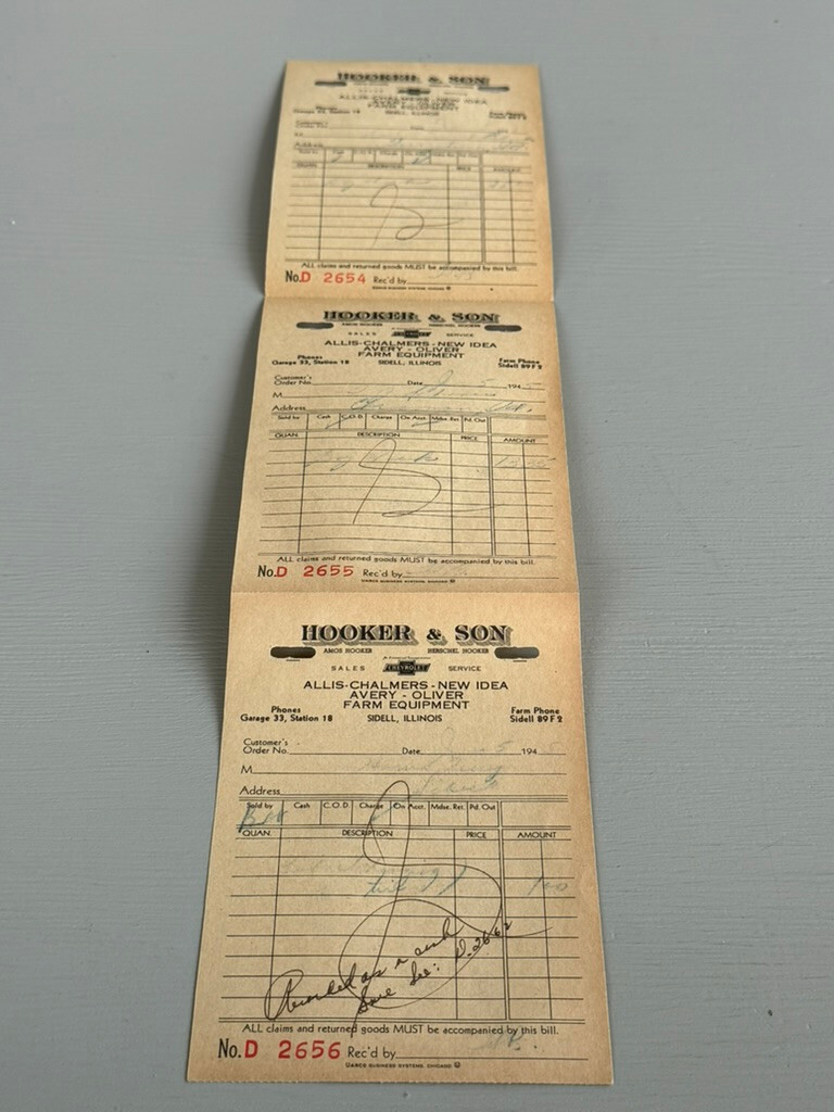 VTG Sidell IL Receipts Chevrolet Allis Chalmers New Idea Avery Oliver Farm Equip