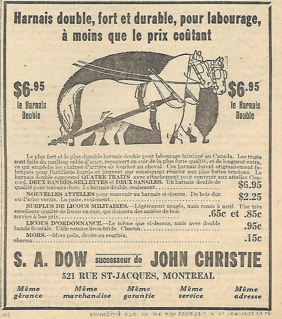 1928 PUBLICITÉ ORIGINALE S.A. DOW SUCESSEUR DE JOHN CHRISTIE HARNAIS DOUBLE, FOR