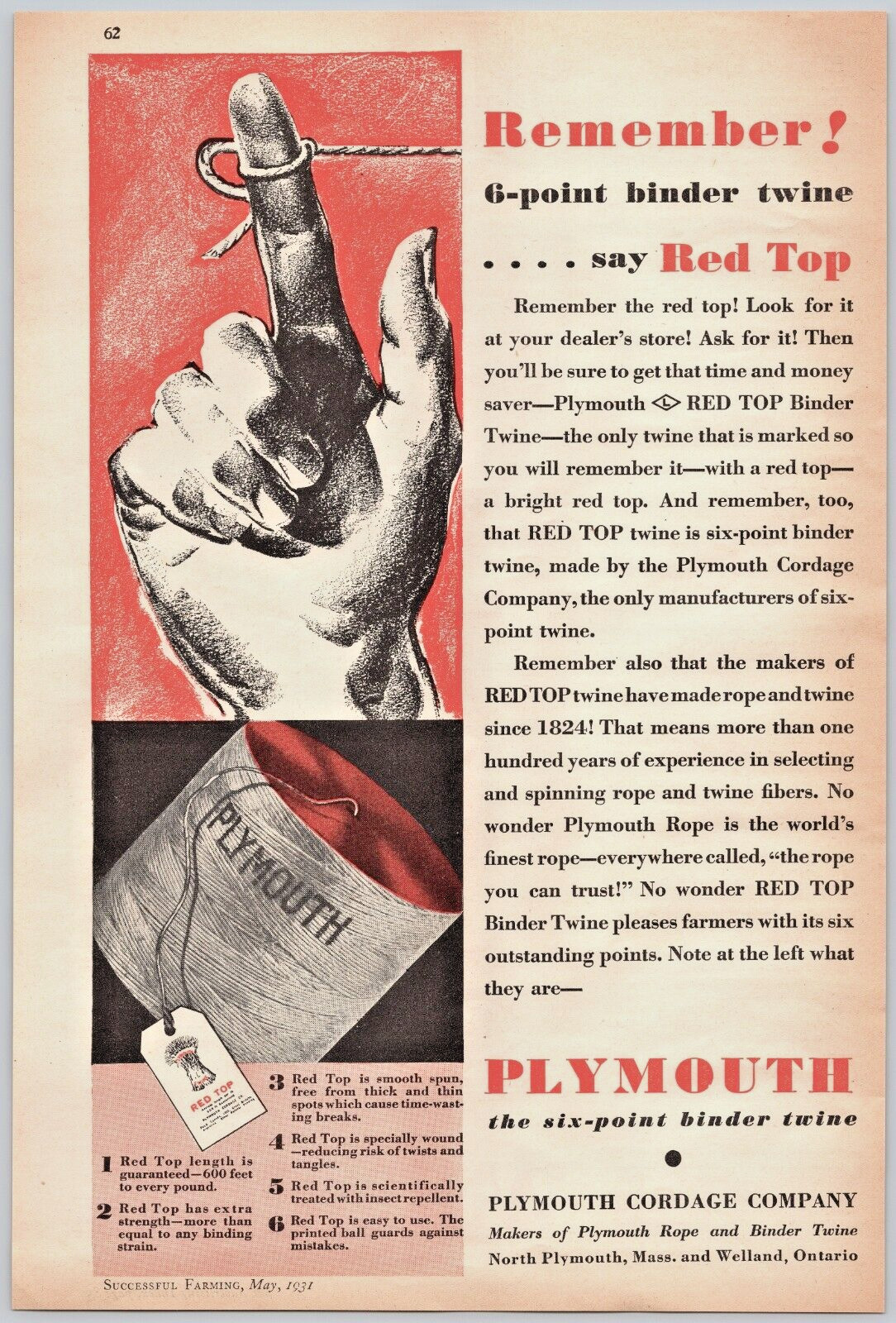 1931 PLYMOUTH The Six-Point Binder Twine, Red Top Vintage Print Ad
