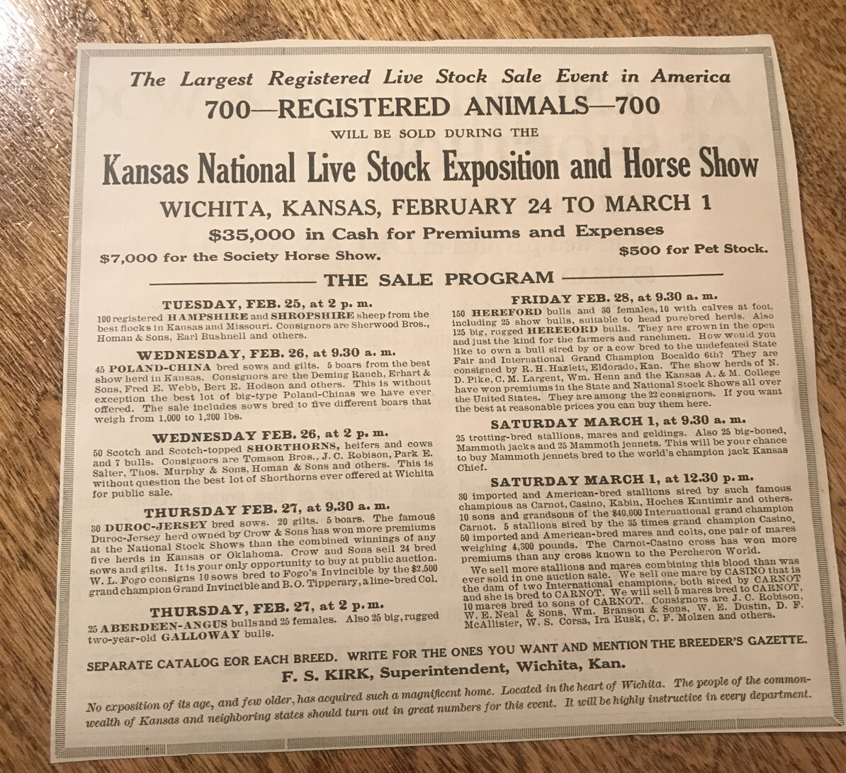 1919 Cattle Livestock Public Sale – Wichita – Kansas – Cow Advertising