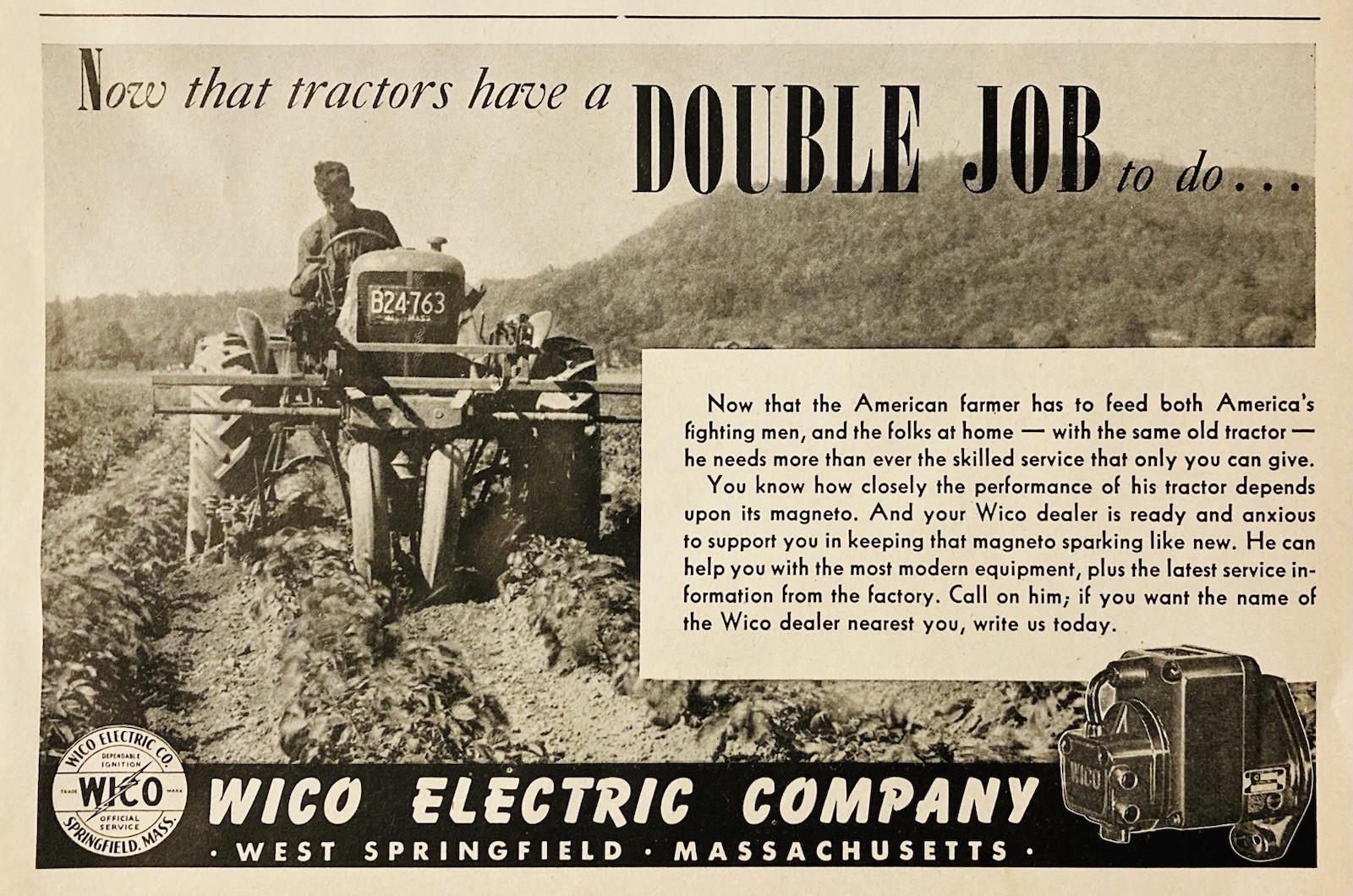 1944 AD.(PC5)~WICO ELECTRIC CO. WEST SPRINGFIELD, MA. WICO TRACTOR MAGNETOS