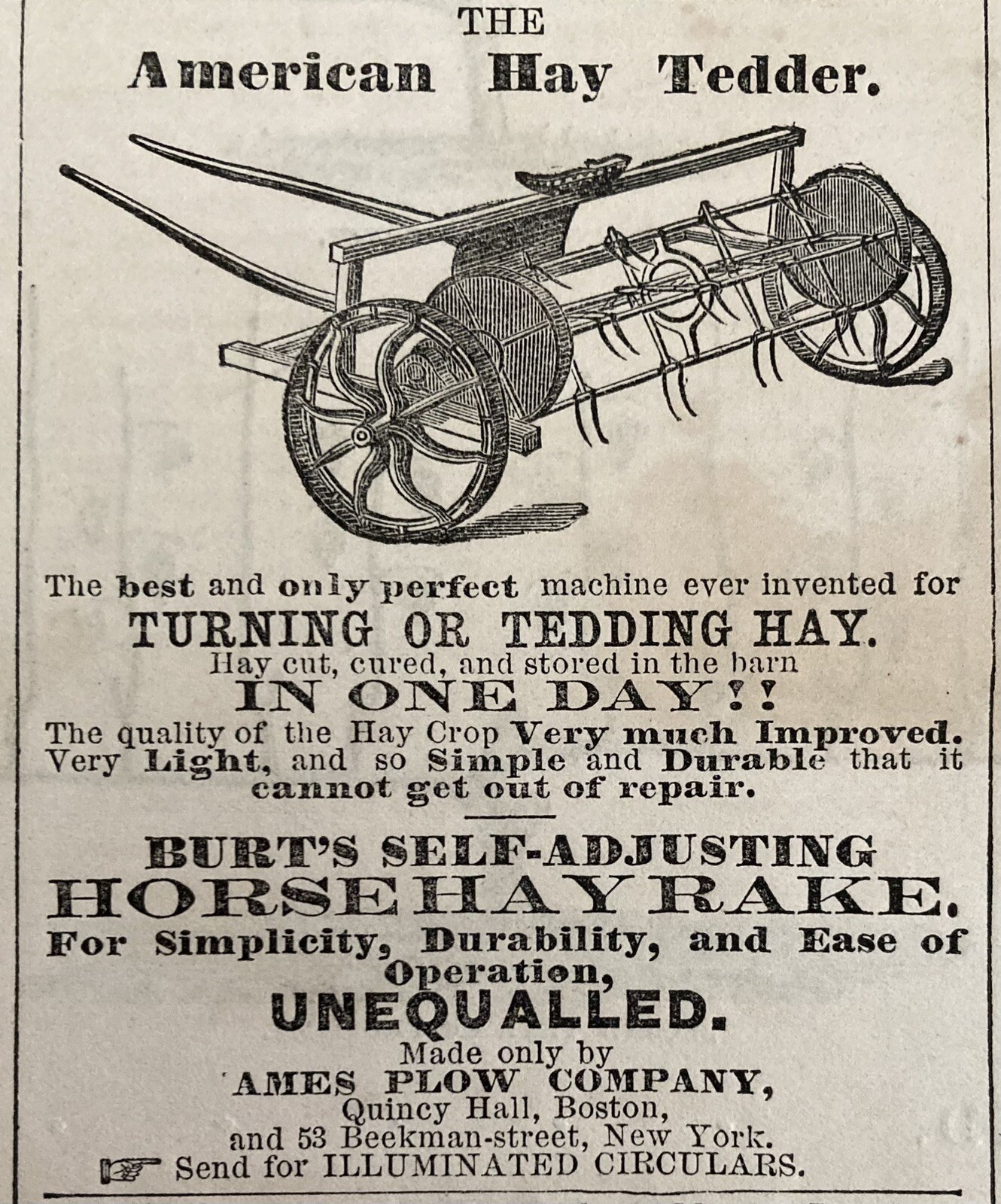 1869 AD.(XH76)~AMES PLOW CO. QUINCY MARKET, BOSTON. AMERICAN HAY TEDDER