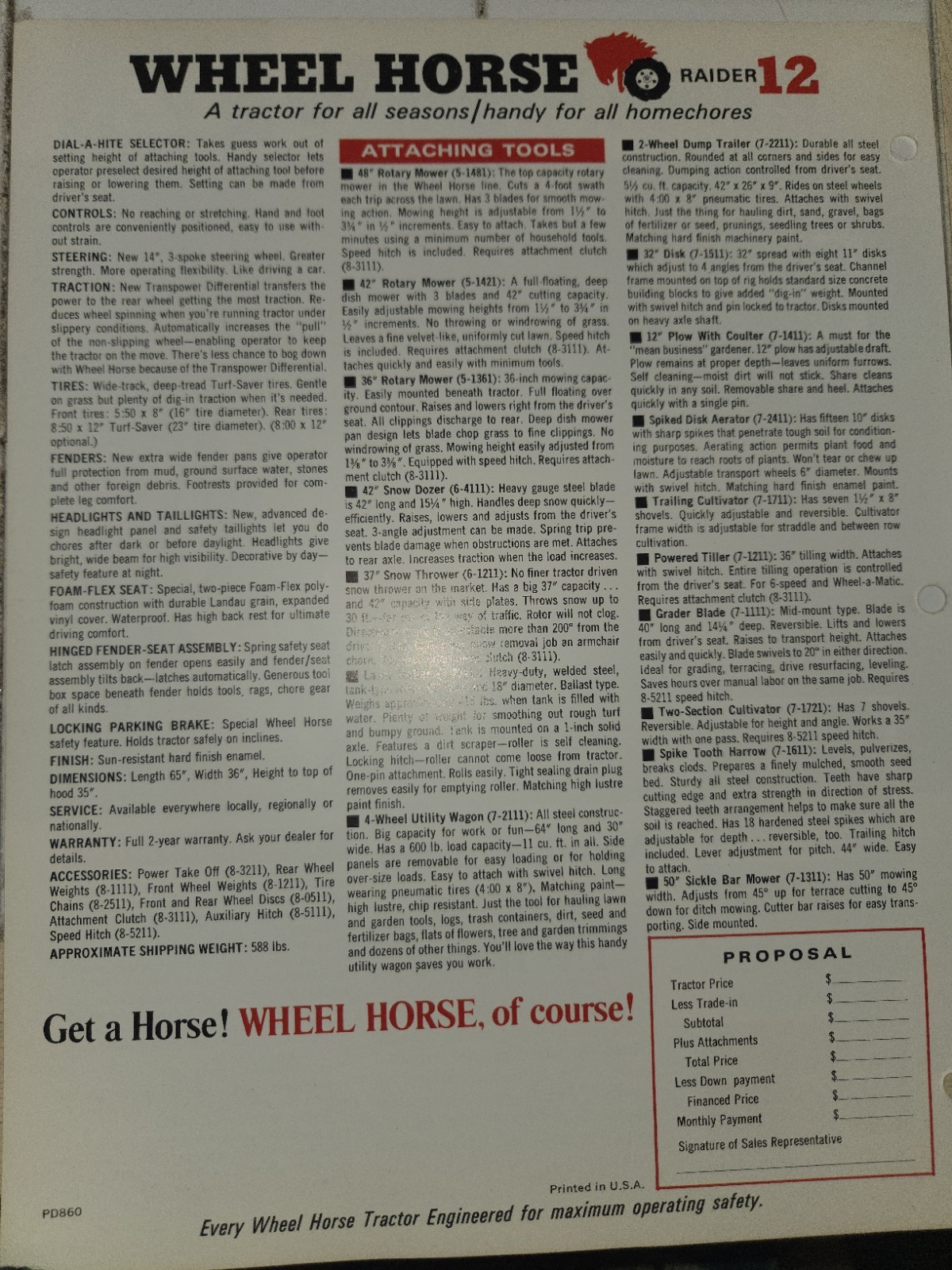 1960s WHEEL HORSE RAIDER 12 DEALER AD WITH SPECIFICATIONS DOUBLE SIDED