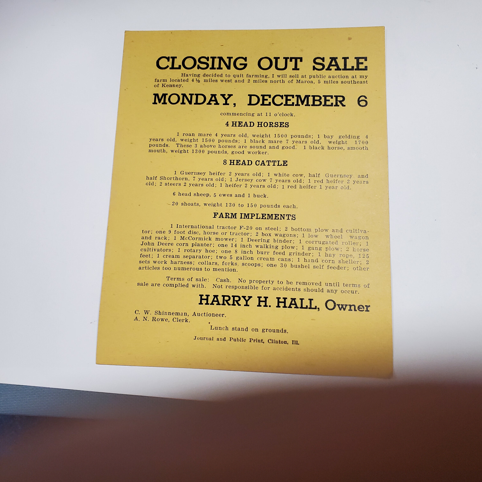 Broadside, Closing Out Sale, Farm Clearance, Harry Hall, Clinton, IL