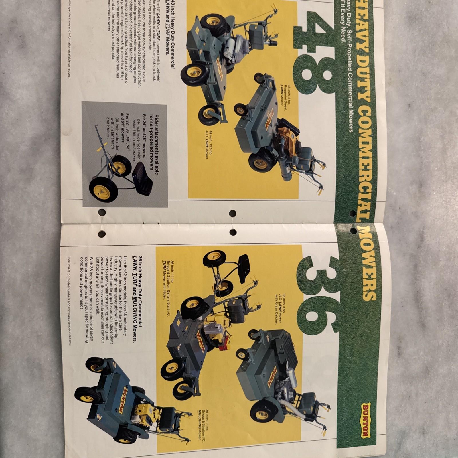 Two Bunton Lawn & Garden Commerical Mower Brochures Lawn Yellow Green 61, 52, 36