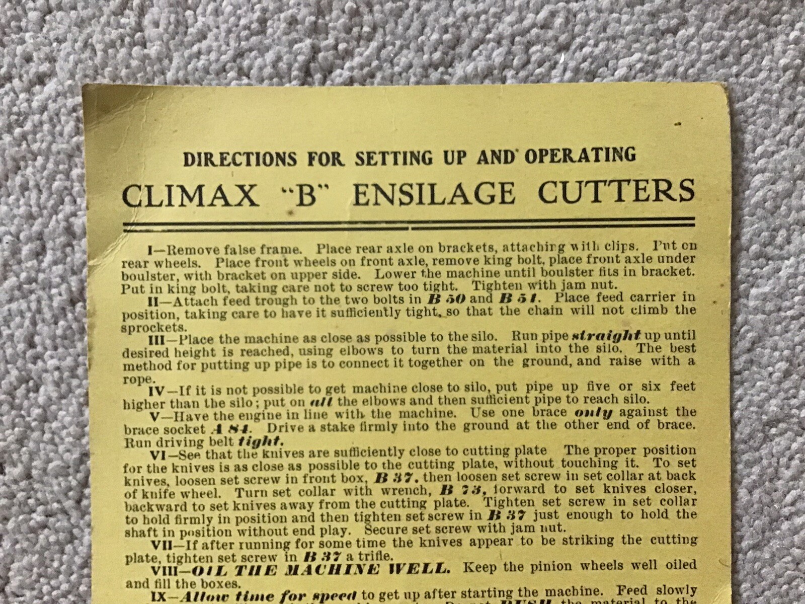 Vintage Cardboard Directions For Climax « B » Warsaw-Wilkinson Ensilage Cutters