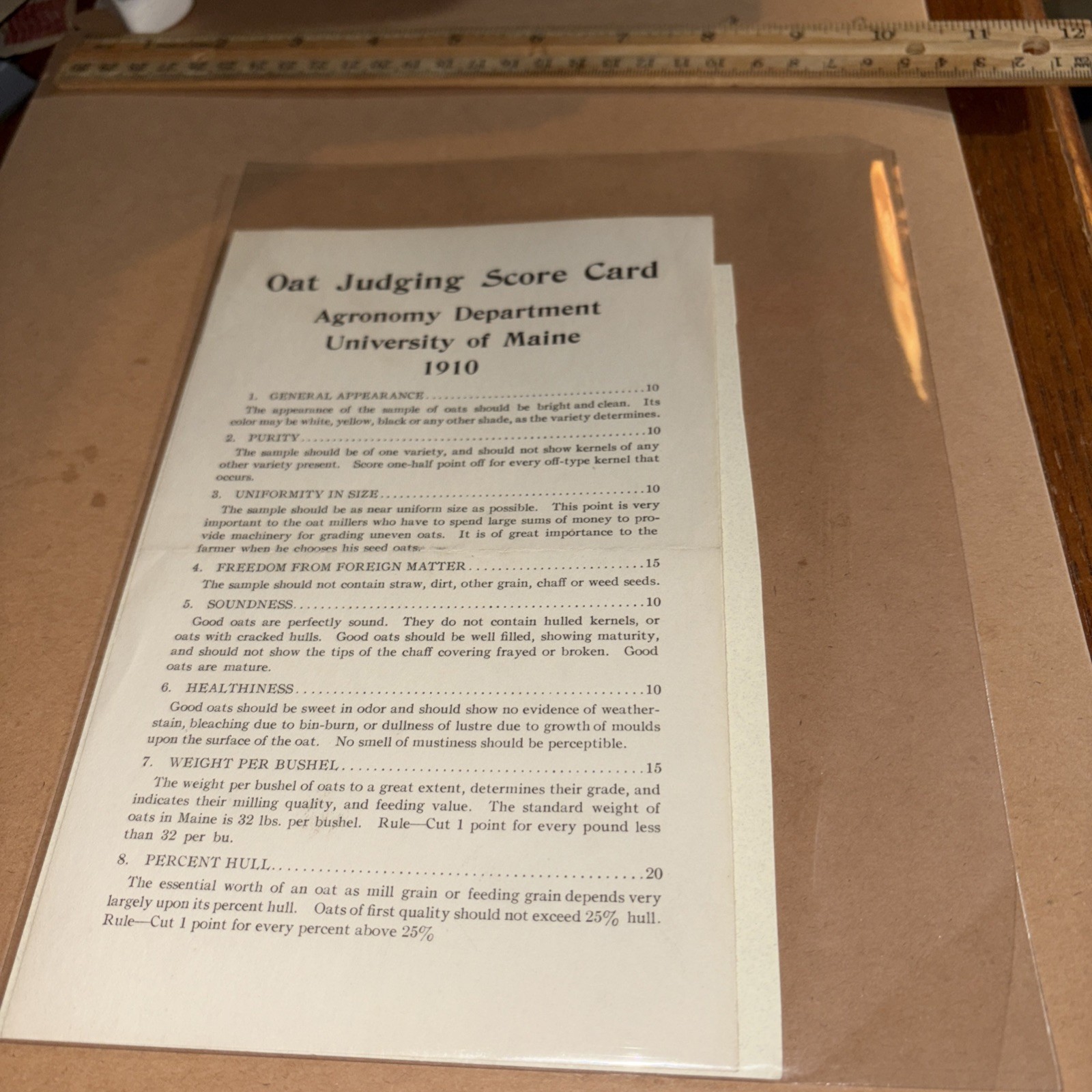 Antique 1910 University of Maine Oat Judging Score Card