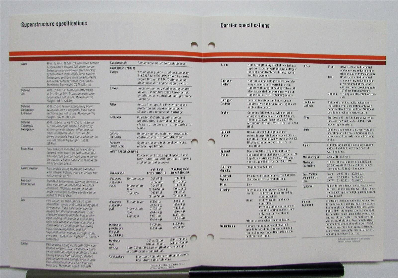 1987 Grove RT500C Series Cranes Specifications Construction Sales Brochure