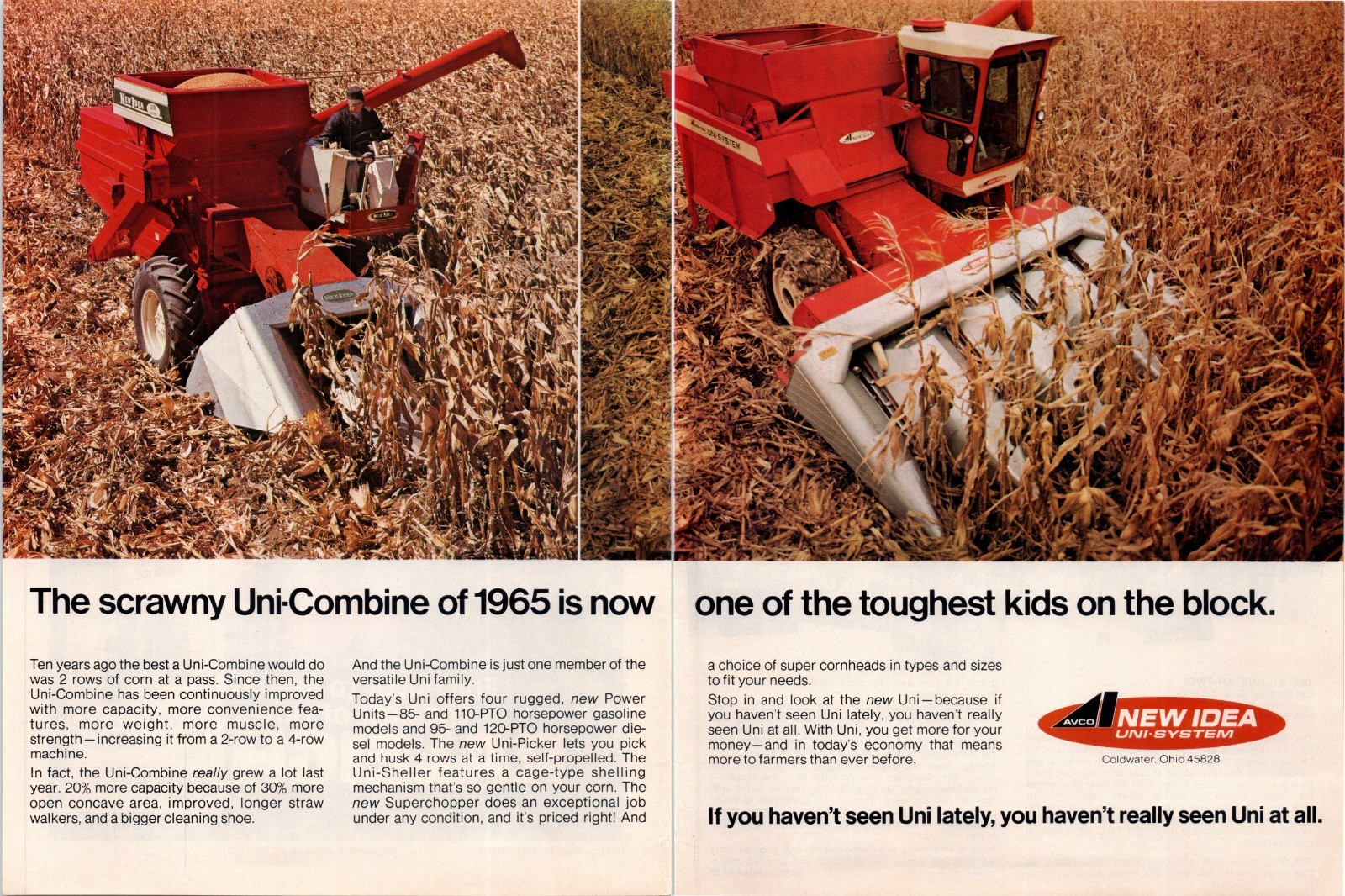 1975 New Idea Uni-Combine Corn 70&rsquo;s Vintage 2-Page Print Ad