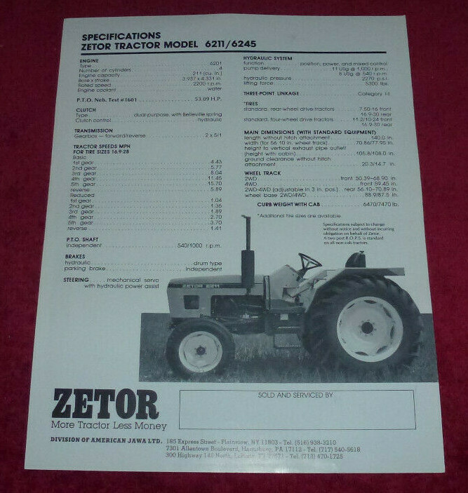 Zetor Tractor Model 6211 6245 4cy 62 HP 2 & 4 Wheel Drive Brochure