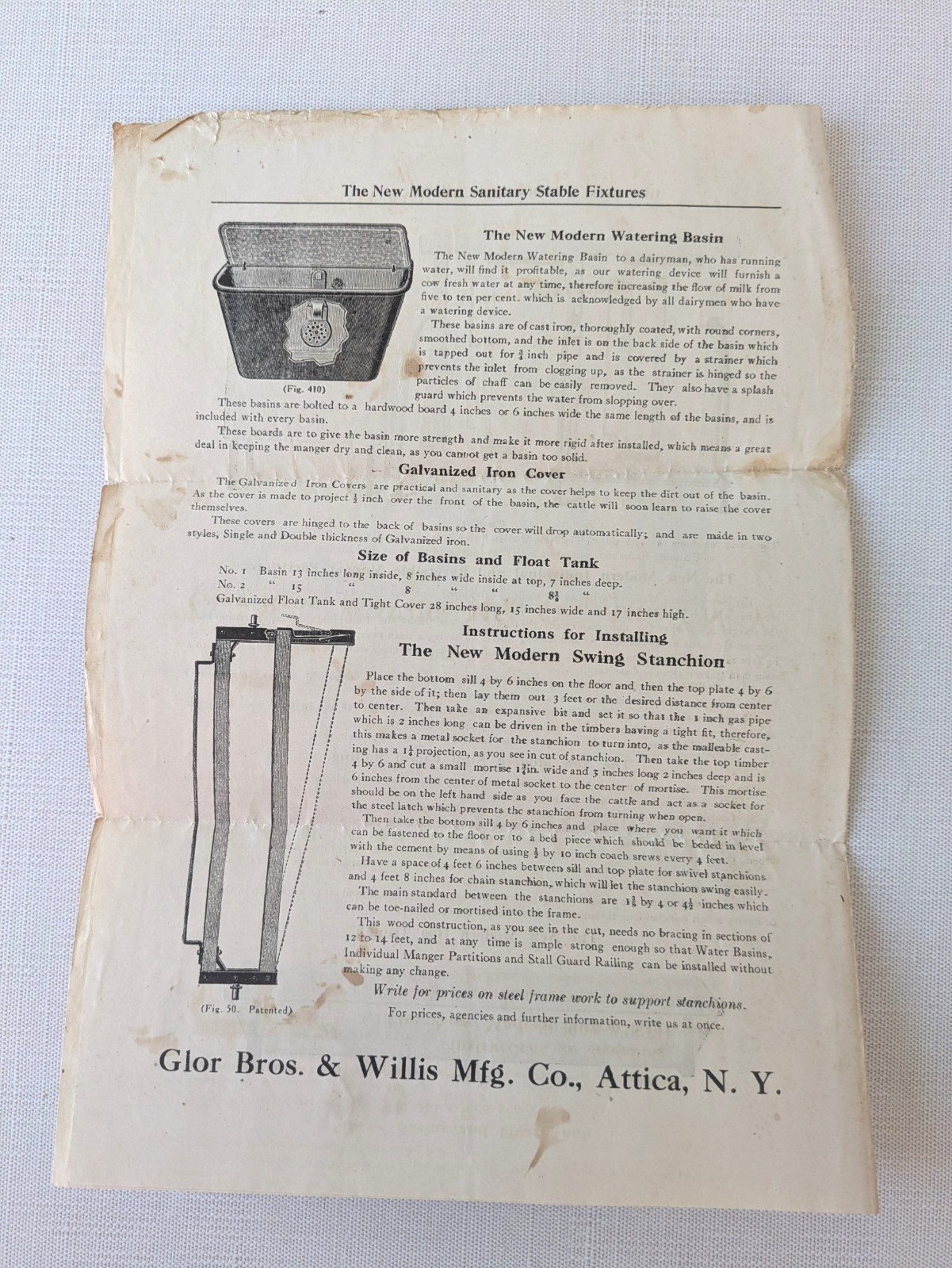 Glor Bros Willis Mfg Co Attica NY Farm Equipment Catalog Sanitary Stable…
